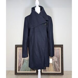 Sam Edelman XL Wool Blend Asymmetrical Collar Long Coat‎ Dark Blue NWOT